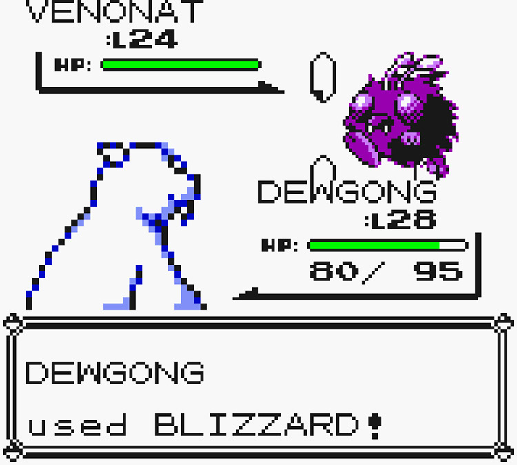 Dewgong using Blizzard against a wild Venonat / Pokémon Yellow