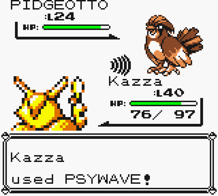 Kadabra using Psywave against a wild Pidgeotto / Pokémon Yellow