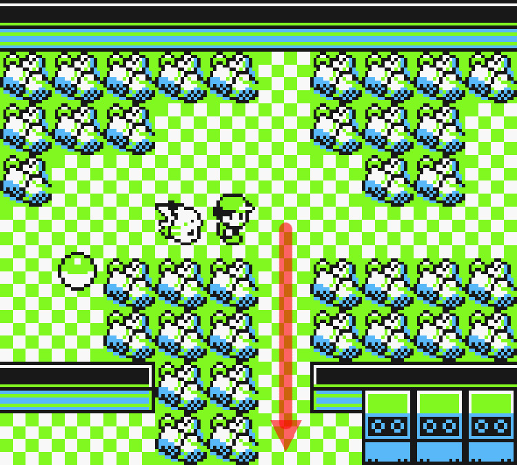 Standing near a Pokéball containing a Voltorb and a gap between a large set of rocks / Pokémon Yellow