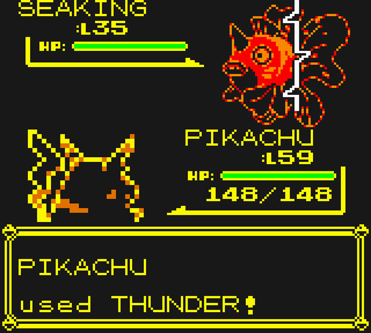 Pikachu using Thunder against a wild Seaking / Pokémon Yellow