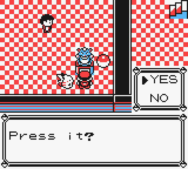 Standing in front of a statue at the bottom of the basement floor / Pokémon Yellow