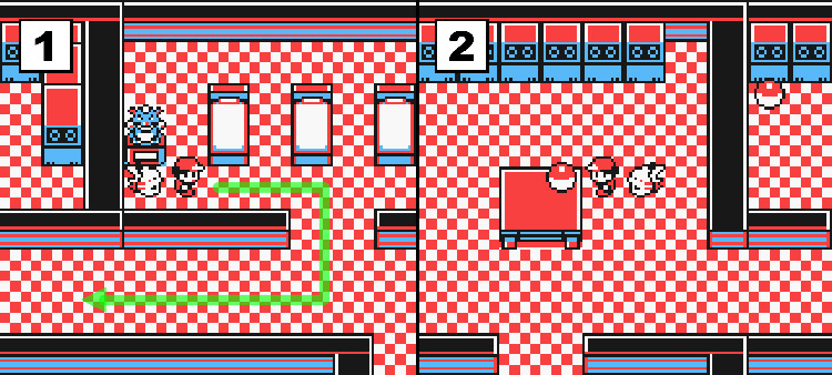 Standing near a statue at the top of the basement floor (Left) and standing in front of the Pokéball containing TM22. (Right) / Pokémon Yellow