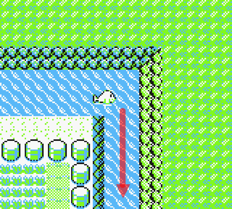 Surfing on a Pokémon near the top right corner of Route 10 / Pokémon Yellow
