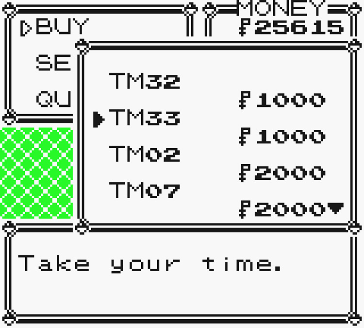 Selecting TM33 Reflect from the purchasable TM List / Pokémon Yellow
