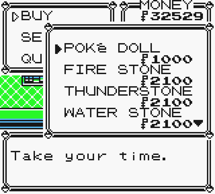 Selecting the Poké Doll from the purchasable item List / Pokémon Yellow