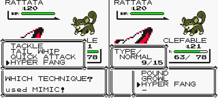 Selecting a move to copy from the wild Rattata (Left) and selecting the copied Hyper Fang to use. (Right) / Pokémon Yellow