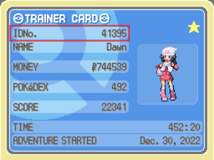 The Trainer ID depicted on the Trainer Card / Pokémon Platinum