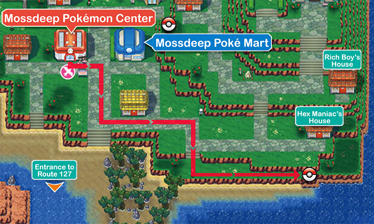 A map of Mossdeep City showing the Net Ball location / Pokémon Omega Ruby and Alpha Sapphire
