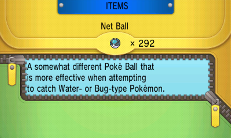 In-game details for the Net Ball / Pokémon Omega Ruby and Alpha Sapphire