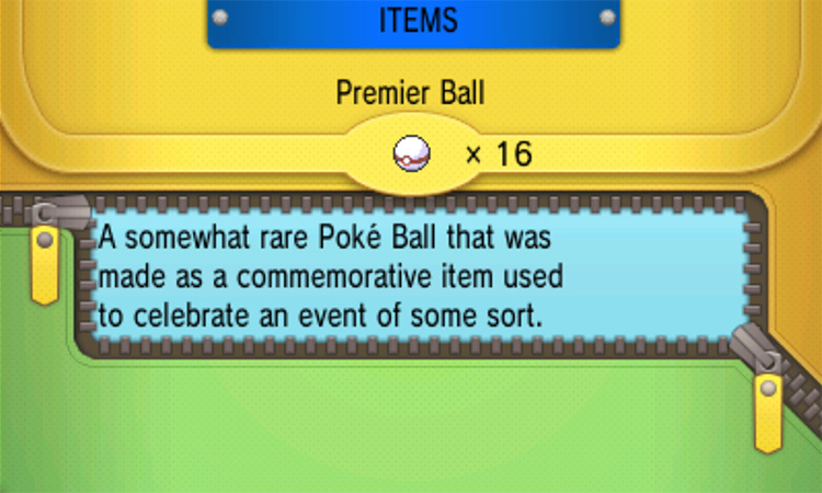 In-game details for the Premier Ball / Pokémon Omega Ruby and Alpha Sapphire