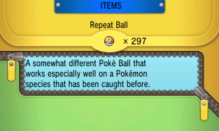 In-game details for the Repeat Ball / Pokémon Omega Ruby and Alpha Sapphire
