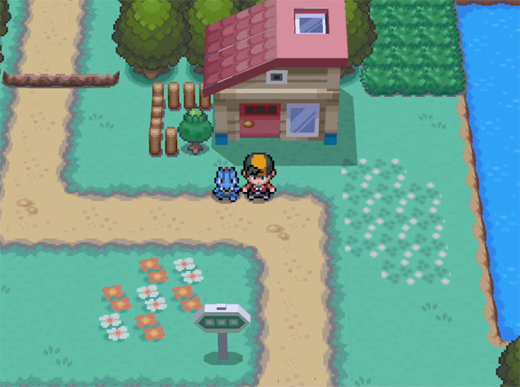The house that you are looking for has a green Apricorn tree next to it. / Pokémon HeartGold and SoulSilver