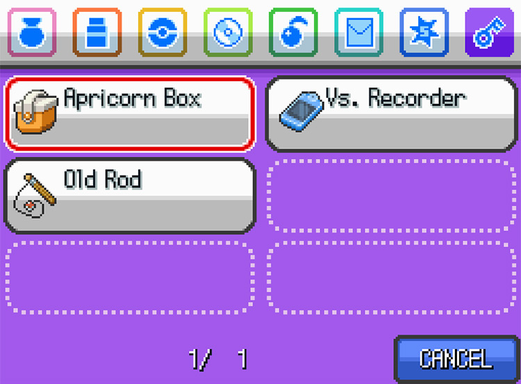 The Apricorn Box in your Key Items pocket. / Pokémon HeartGold and SoulSilver