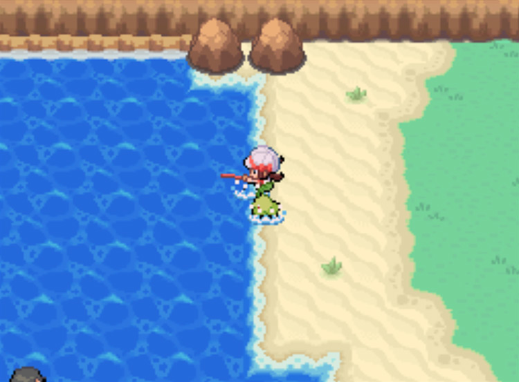 The sea on the west edge of Cherrygrove City, where wild Corsola can be caught / Pokémon HeartGold and SoulSilver