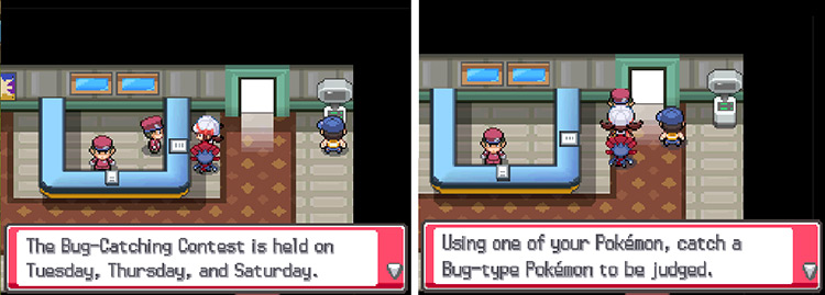 Talking to the National Park gate attendant on non-Contest days (left) VS on Contest days (right) / Pokemon HGSS
