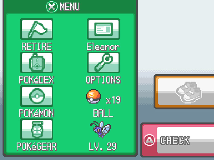 The bottom screen menu during the Bug-Catching Contest, showing a Retire button, the player’s remaining number of Sport Balls, and the current contest entry / Pokemon HGSS