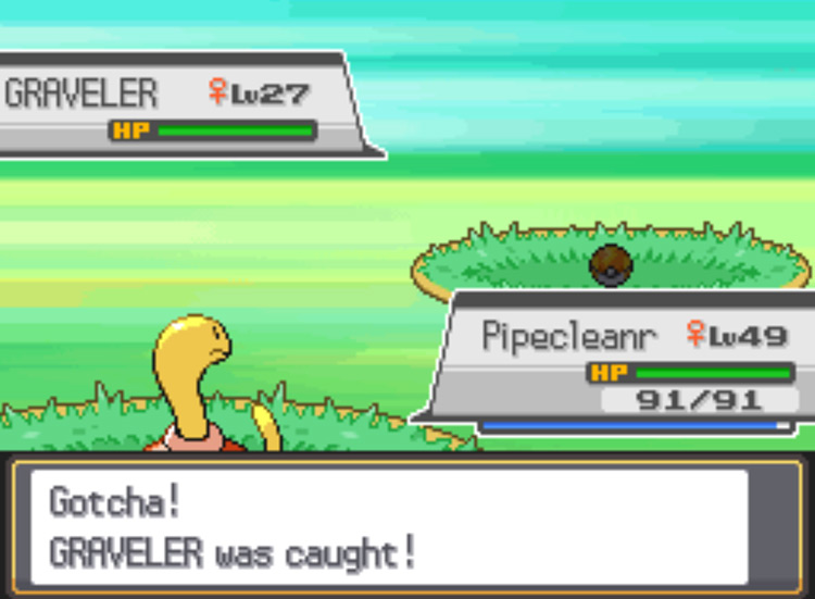 Using a Heavy Ball to successfully catch a wild Graveler / Pokémon HGSS