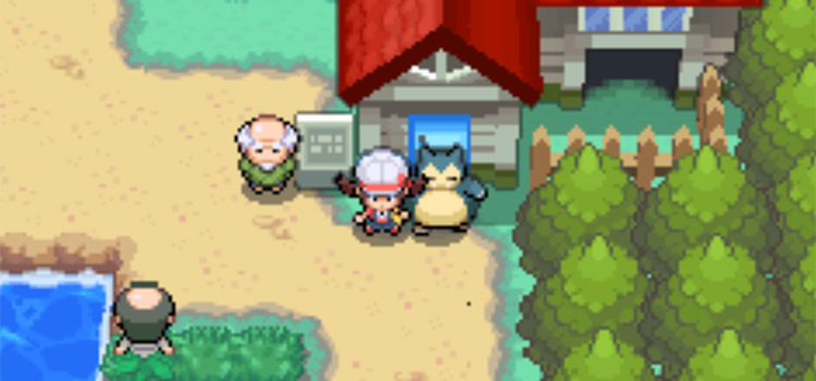 Standing with a Snorlax outside the Daycare in Pokémon HeartGold