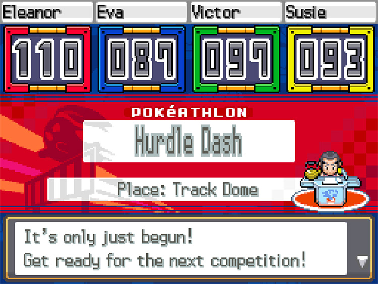 The participants’ points displayed after the first event of the Speed Course, Hurdle Dash / Pokémon HeartGold and SoulSilver