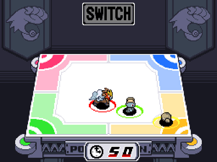 Competitors in Ring Drop, with the 2nd team’s representative absent from the ring after getting knocked off / Pokémon HeartGold and SoulSilver