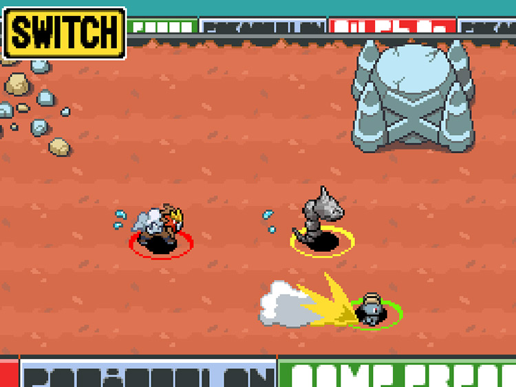The player’s Entei, behind an opponent Onix and Machop, beginning to get tired at the Relay Run / Pokémon HeartGold and SoulSilver