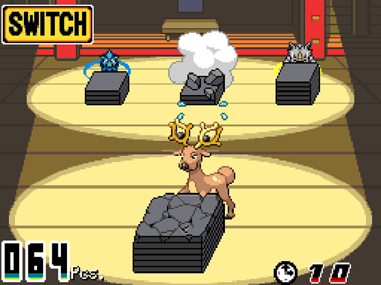 A set of participants in Block Smash, showing the player’s Stantler close to breaking its stack’s topmost block / Pokémon HeartGold and SoulSilver