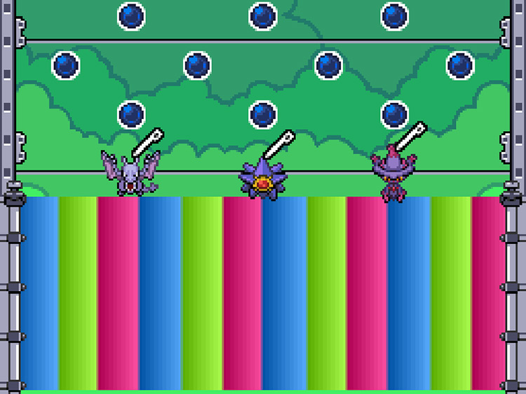 The player’s team standing on top of a bouncy platform at the start of the Lamp Jump event / Pokémon HeartGold and SoulSilver