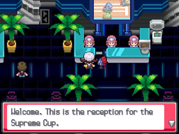 Talking to the receptionist NPC for the Supreme Cup / Pokémon HeartGold and SoulSilver