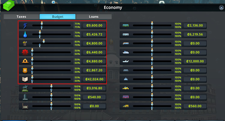 A sample budget decreasing all key services to their lowest value / Cities: Skylines