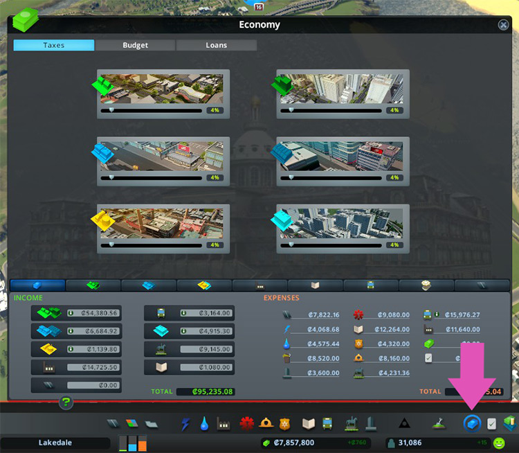 Go to the Economy panel and set the taxes to 4%. / Cities: Skylines