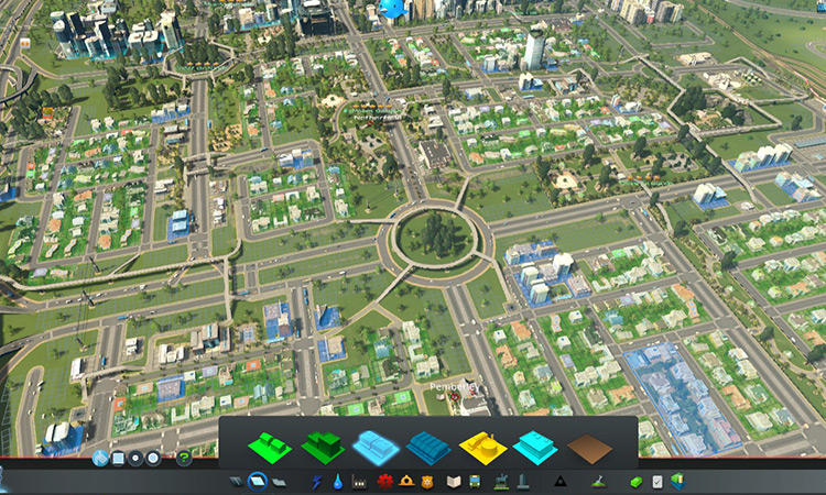 Small patches of commercial zoning (blue) are scattered around the city / Cities: Skylines