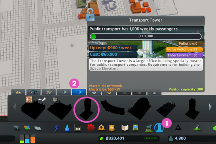 You’ll find the Transport Tower in the Level II tab of the Unique Buildings menu. / Cities: Skylines