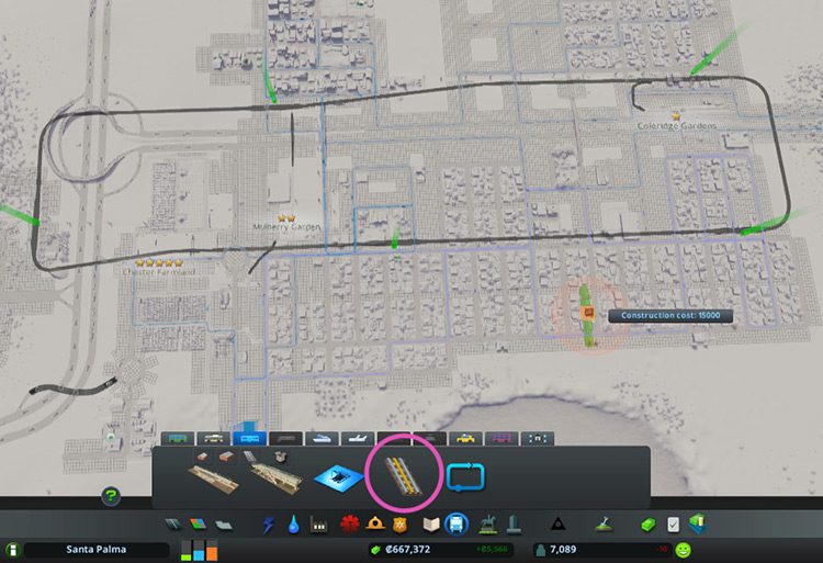 Five metro stations spaced out across the city, with tracks forming a loop. / Cities: Skylines