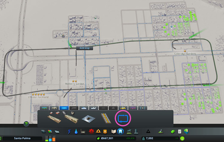 Use the metro line tool to add stops at the different stations. Like with the bus tool, make sure you click on the first stop to complete each line. / Cities: Skylines