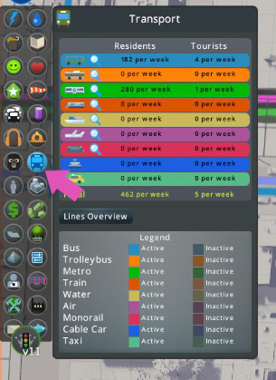 You can also keep track of how many people are using which type of public transport by clicking the Bus Icon on the info views panel. / Cities: Skylines