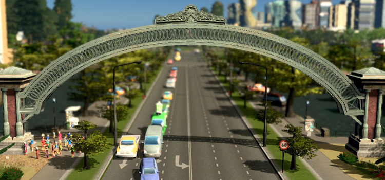 The City Arch across a 6-lane road in Cities: Skylines