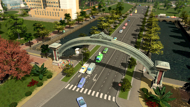 A bird’s eye view of the city arch, with a group of visitors enjoying it / Cities: Skylines