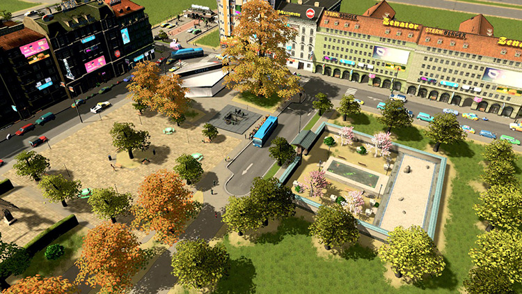 A bus stop and metro station next to a plaza and Japanese garden / Cities: Skylines