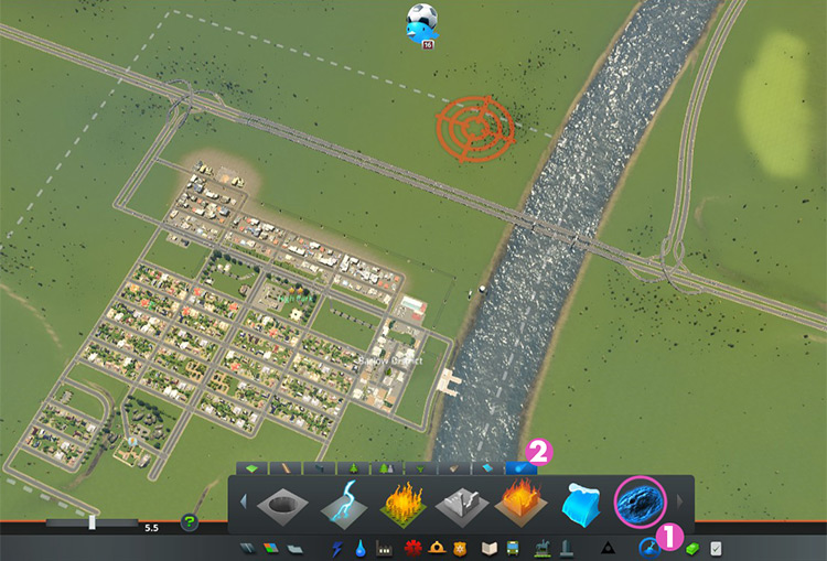 Go to the Landscaping & Disasters menu (1), go to the Disasters tab (2), and select the meteor strike. / Cities: Skylines