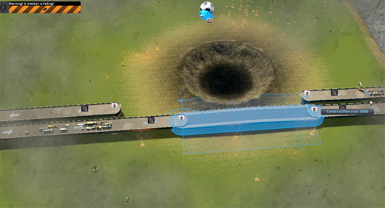 The crater and road damage caused by the meteor. / Cities: Skylines