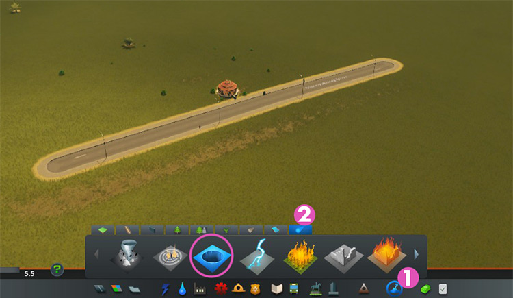 The sinkhole in the Disasters tab of the Landscaping and Disasters menu. / Cities: Skylines