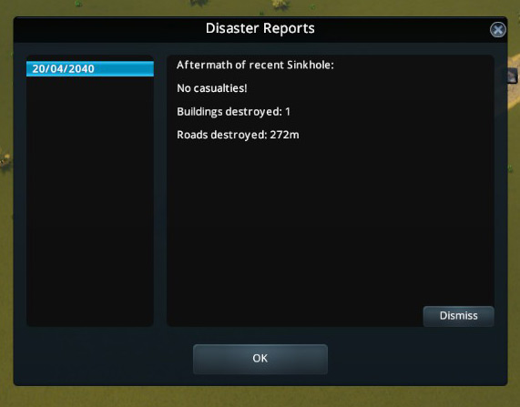 The disaster report after the sinkhole. / Cities: Skylines