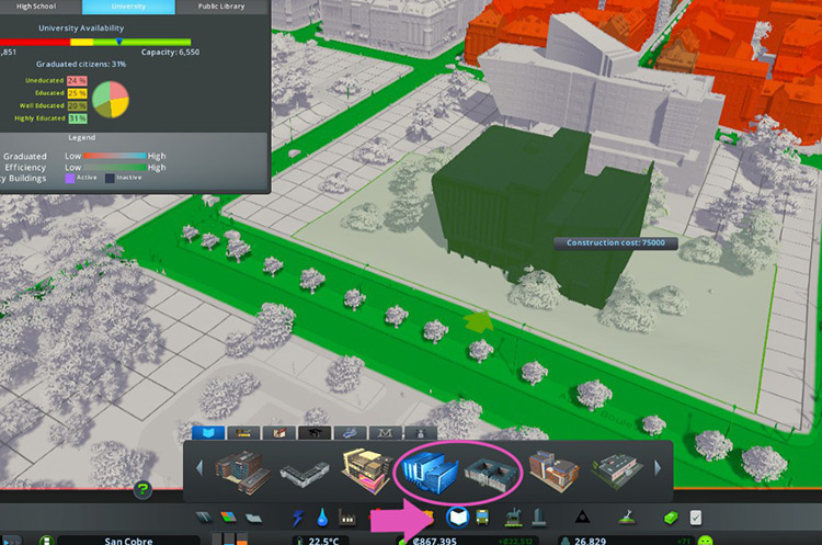 Both the ‘vanilla’ University and the European style university buildings count for this. / Cities: Skylines