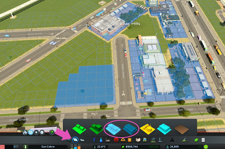 The low- and high-density commercial zoning tools. / Cities: Skylines