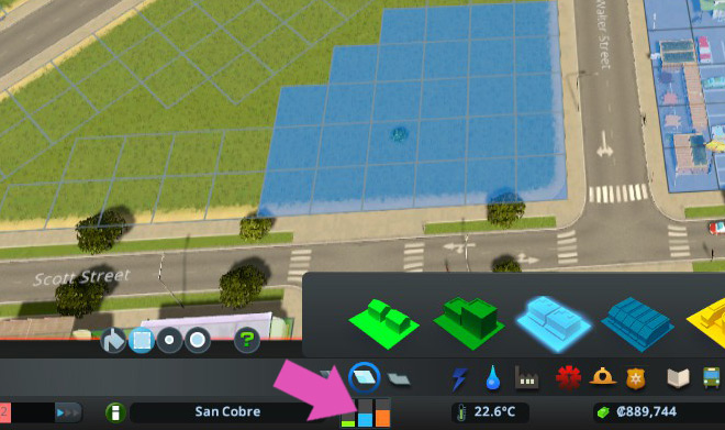 The demand bars for the different zone types. Commercial demand is the blue bar. / Cities: Skylines