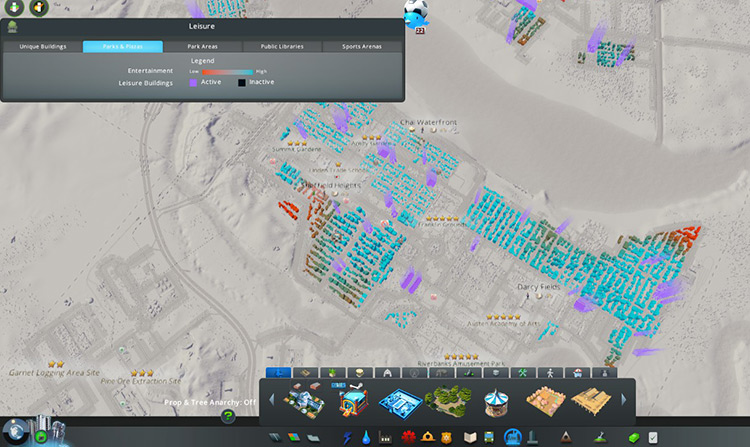 Leisure info view shows your city’s access, with parks & plazas highlighted in purple. / Cities: Skylines