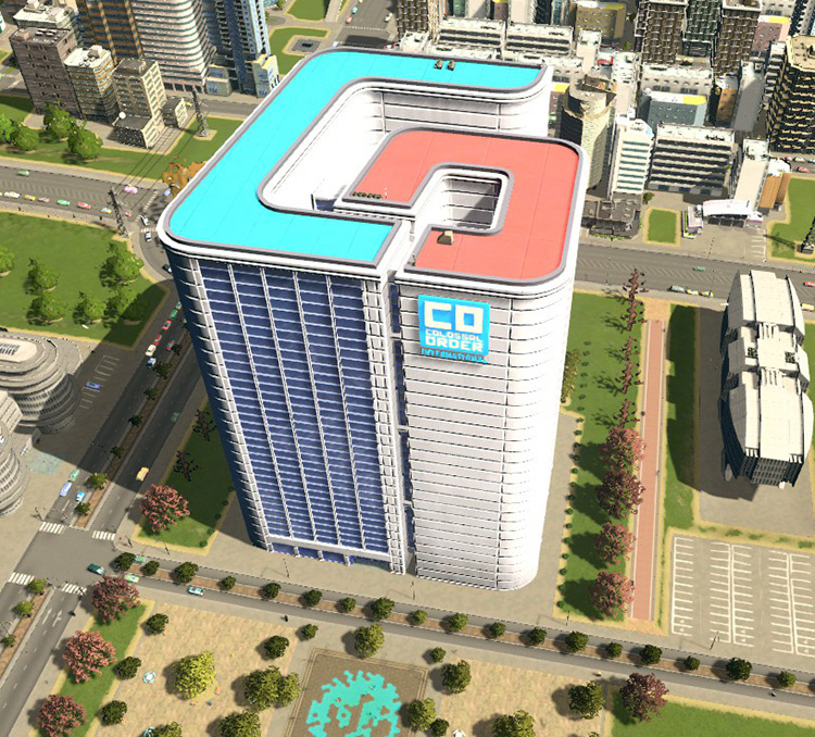 The Colossal Order Offices building features the older version of the Colossal Order logo on top, and the newer logo on the upper right of the facade. / Cities: Skylines