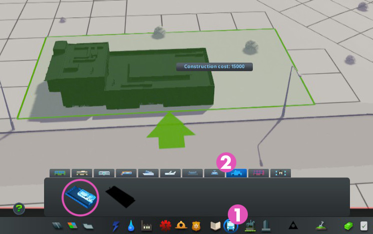 You can find the taxi depot by opening the Transport menu (1) and clicking on the Taxi tab (2). / Cities: Skylines