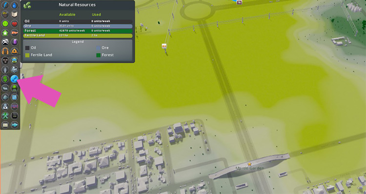 Open the Natural Resources info view, which will show fertile land as yellow-green on the map. / Cities: Skylines