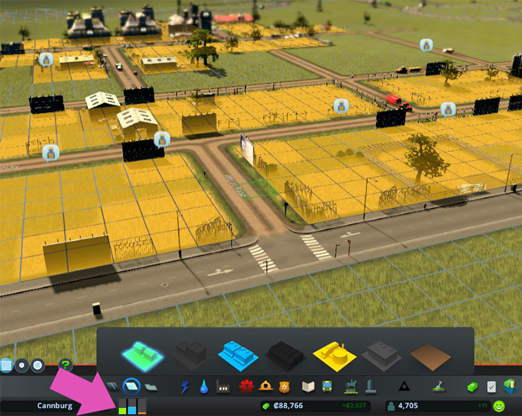 Farming industry buildings complaining of a lack of workers. Notice that there is demand for residential. / Cities: Skylines